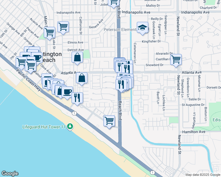 map of restaurants, bars, coffee shops, grocery stores, and more near 7895 Southwind Circle in Huntington Beach
