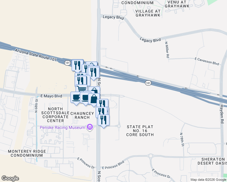 map of restaurants, bars, coffee shops, grocery stores, and more near East Mayo Boulevard in Scottsdale