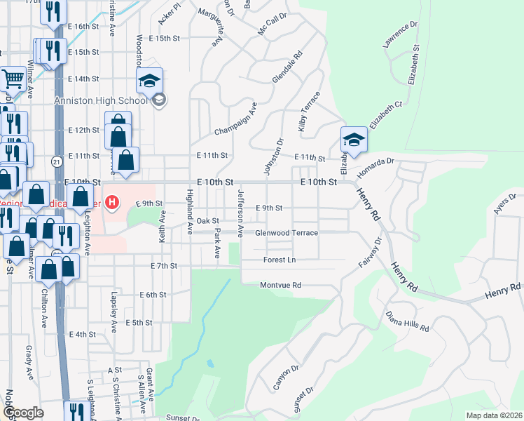 map of restaurants, bars, coffee shops, grocery stores, and more near 830 Kirkwood Avenue in Anniston