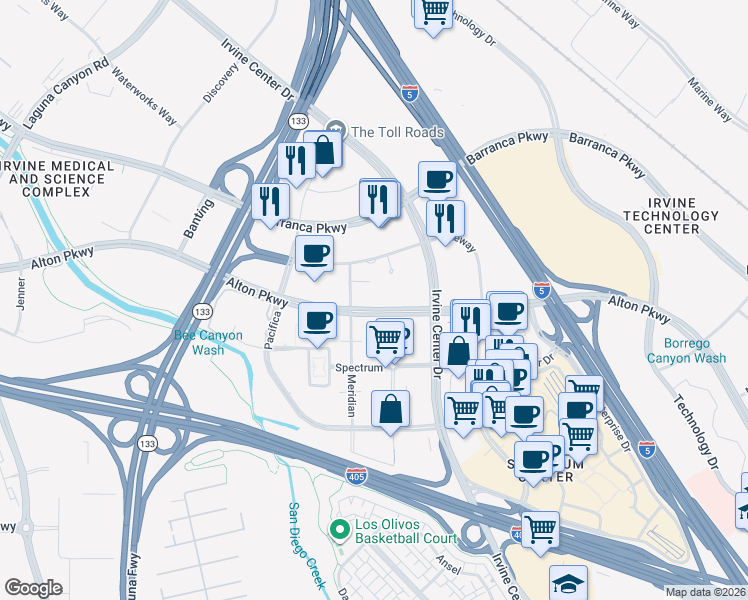 map of restaurants, bars, coffee shops, grocery stores, and more near 7725 Meridian in Irvine