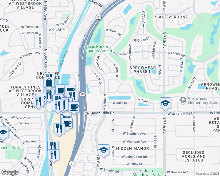 map of restaurants, bars, coffee shops, grocery stores, and more near 7872 West Taro Lane in Glendale