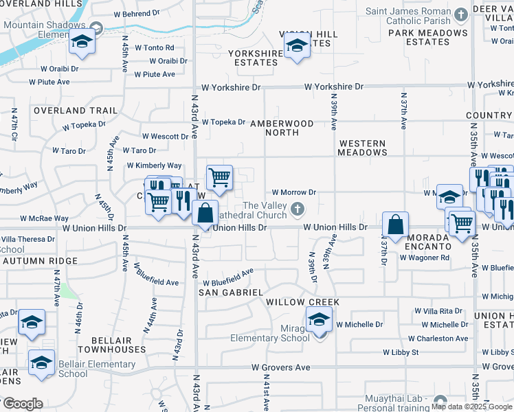 map of restaurants, bars, coffee shops, grocery stores, and more near 4102 West Union Hills Drive in Glendale