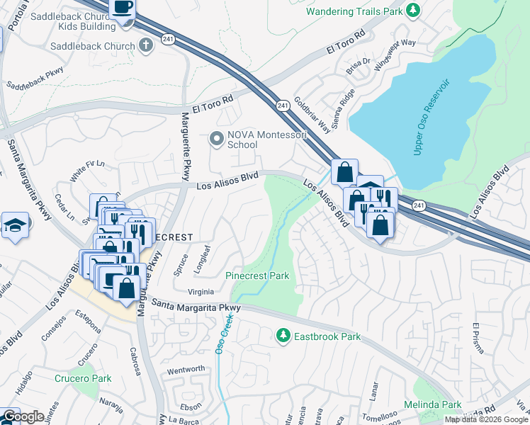 map of restaurants, bars, coffee shops, grocery stores, and more near 28291 Shore in Mission Viejo