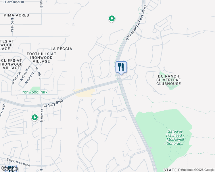 map of restaurants, bars, coffee shops, grocery stores, and more near 18650 North Thompson Peak Parkway in Scottsdale