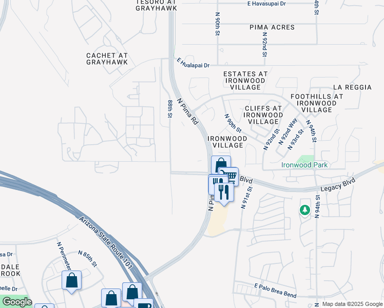 map of restaurants, bars, coffee shops, grocery stores, and more near 18747 North Pima Road in Scottsdale