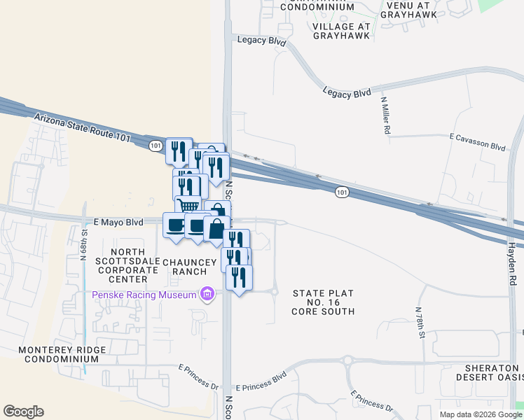 map of restaurants, bars, coffee shops, grocery stores, and more near East Mayo Boulevard in Scottsdale
