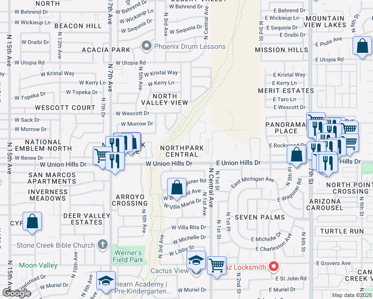 map of restaurants, bars, coffee shops, grocery stores, and more near 220 West Union Hills Drive in Phoenix