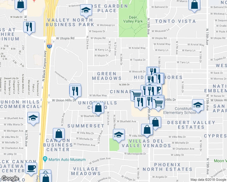 map of restaurants, bars, coffee shops, grocery stores, and more near 2102 West McRae Way in Phoenix