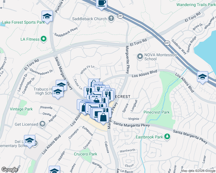 map of restaurants, bars, coffee shops, grocery stores, and more near 27825 Hazel in Mission Viejo