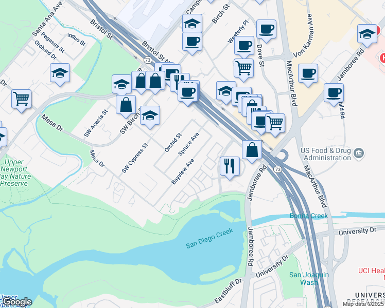 map of restaurants, bars, coffee shops, grocery stores, and more near 20181 Bayview Avenue in Newport Beach