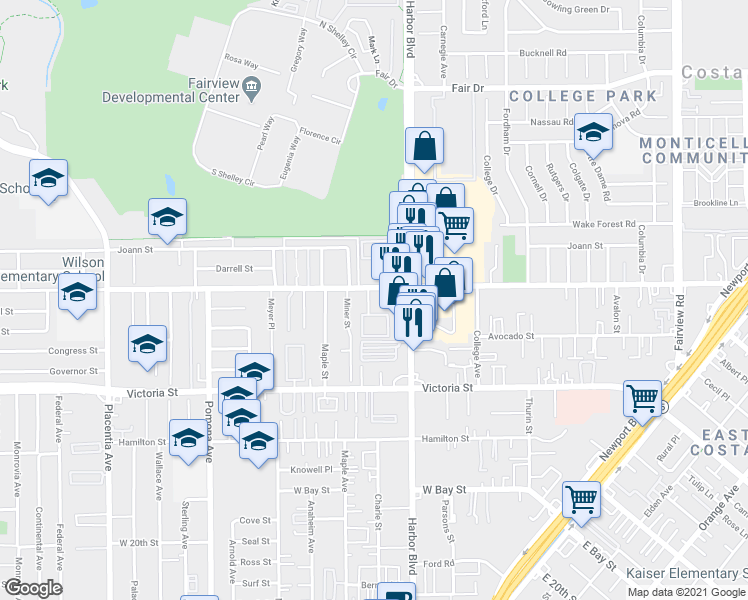 map of restaurants, bars, coffee shops, grocery stores, and more near 531 West Wilson Street in Costa Mesa