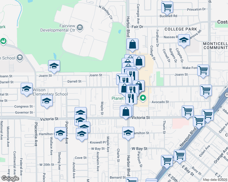 map of restaurants, bars, coffee shops, grocery stores, and more near 531 West Wilson Street in Costa Mesa