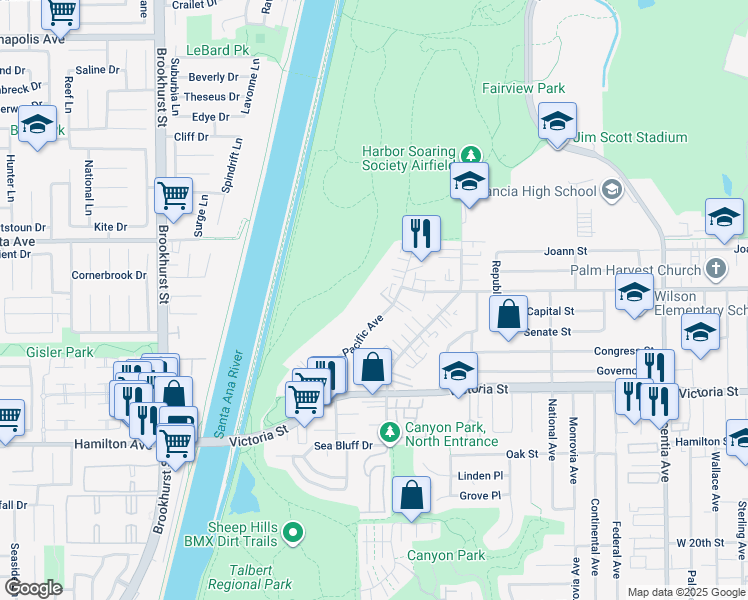 map of restaurants, bars, coffee shops, grocery stores, and more near 2225 Pacific Avenue in Costa Mesa