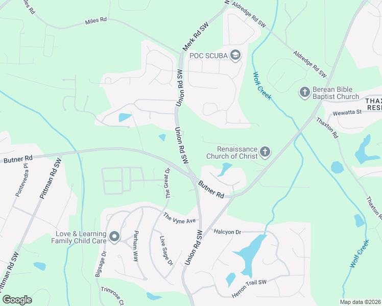 map of restaurants, bars, coffee shops, grocery stores, and more near 3660 Union Road Southwest in Atlanta