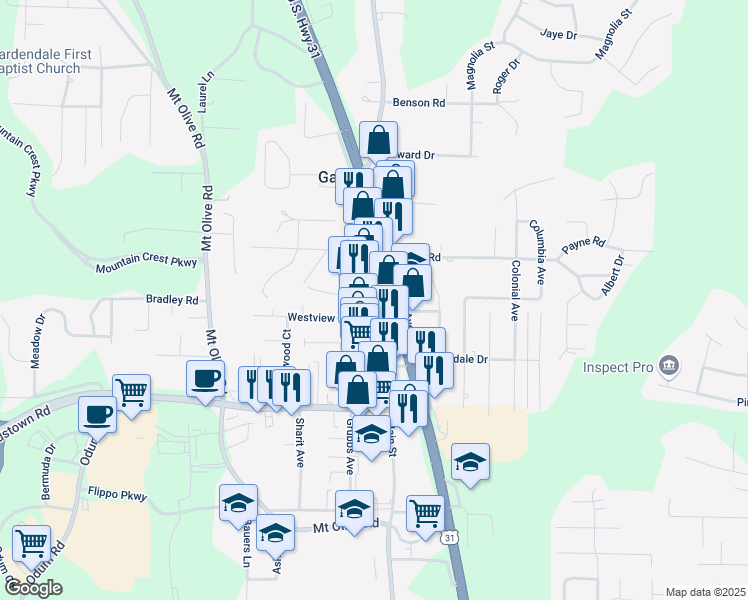 map of restaurants, bars, coffee shops, grocery stores, and more near 1080 Main Street in Gardendale