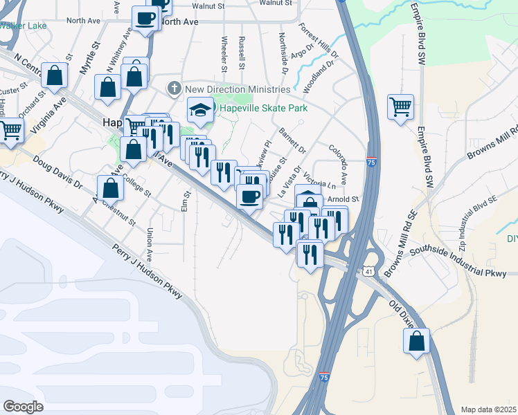 map of restaurants, bars, coffee shops, grocery stores, and more near 405 North Central Avenue in Hapeville