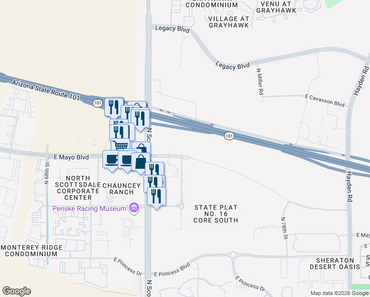 map of restaurants, bars, coffee shops, grocery stores, and more near East Mayo Boulevard in Scottsdale