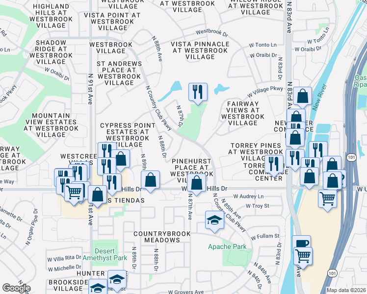 map of restaurants, bars, coffee shops, grocery stores, and more near 8743 W Rosemonte Dr in Peoria