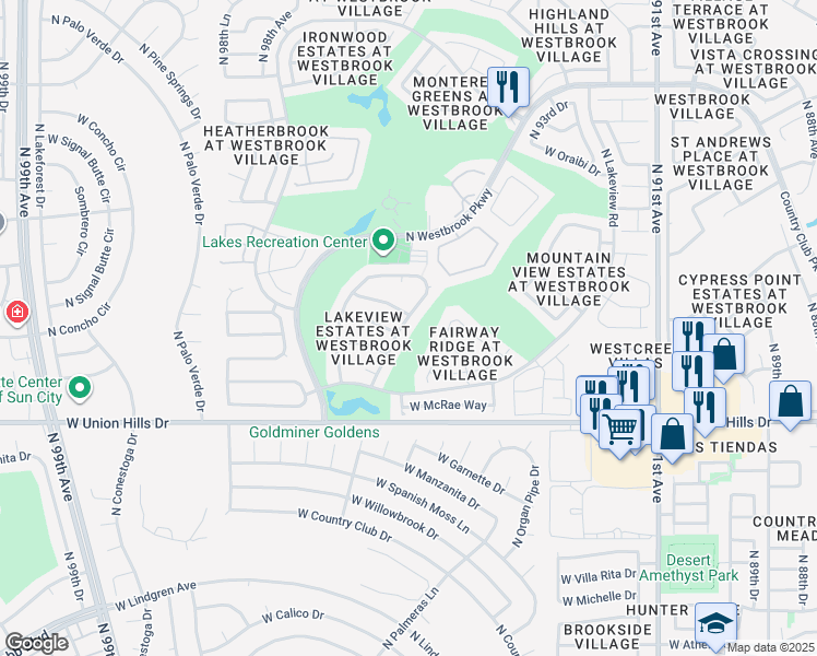 map of restaurants, bars, coffee shops, grocery stores, and more near 18909 North 96th Avenue in Peoria