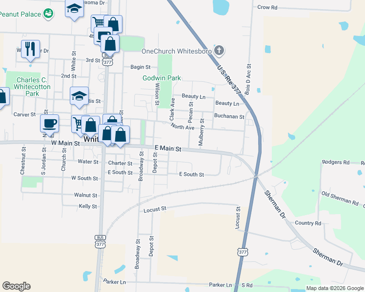 map of restaurants, bars, coffee shops, grocery stores, and more near 511 East Main Street in Whitesboro