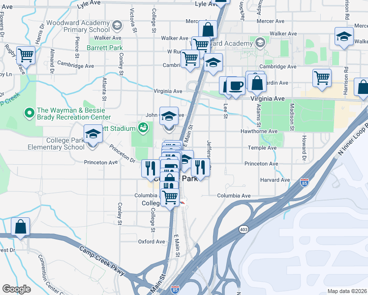 map of restaurants, bars, coffee shops, grocery stores, and more near 3652 Main Street in Atlanta