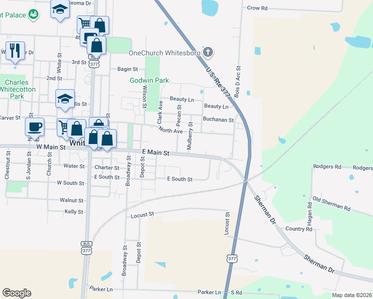 map of restaurants, bars, coffee shops, grocery stores, and more near 609 E Main St in Whitesboro
