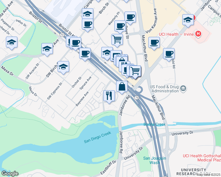 map of restaurants, bars, coffee shops, grocery stores, and more near 100 Bayview Circle in Newport Beach