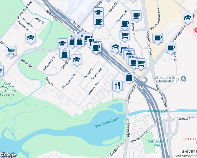 map of restaurants, bars, coffee shops, grocery stores, and more near 20181 Bayview Avenue in Newport Beach
