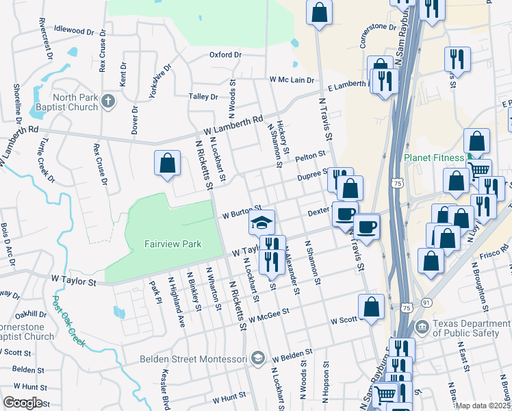 map of restaurants, bars, coffee shops, grocery stores, and more near 2103 North Woods Street in Sherman