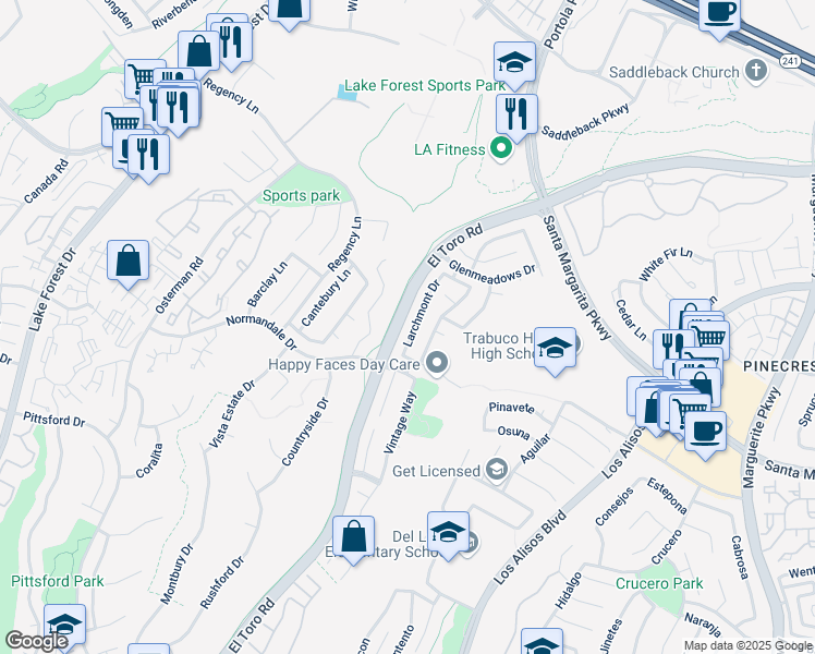 map of restaurants, bars, coffee shops, grocery stores, and more near 21155 Larchmont Drive in Lake Forest