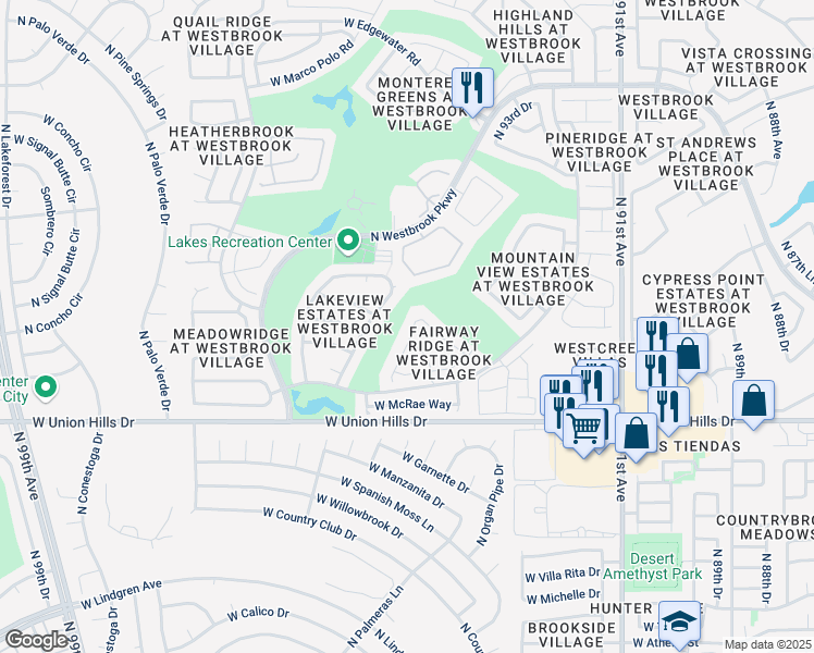 map of restaurants, bars, coffee shops, grocery stores, and more near 18834 North 94th Avenue in Peoria