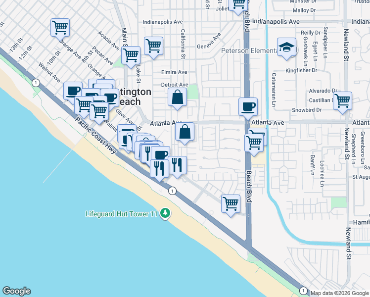 map of restaurants, bars, coffee shops, grocery stores, and more near 80 Huntington Street in Huntington Beach