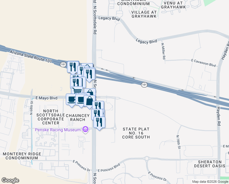 map of restaurants, bars, coffee shops, grocery stores, and more near East Mayo Boulevard in Scottsdale