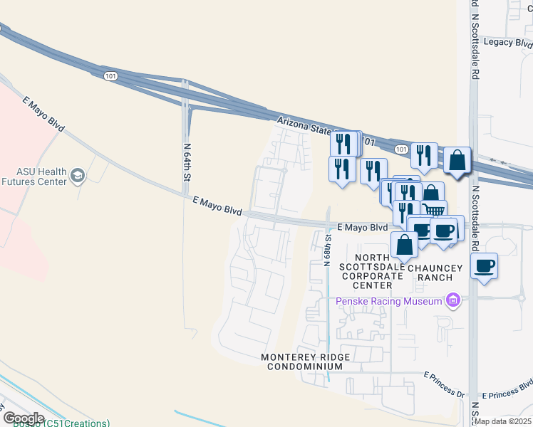 map of restaurants, bars, coffee shops, grocery stores, and more near 6650 East Mayo Boulevard in Phoenix