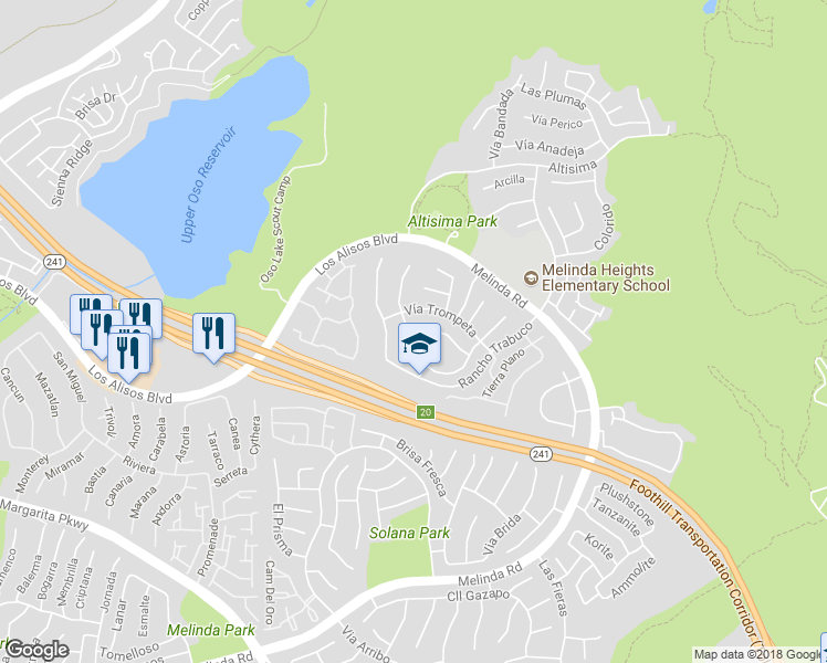 map of restaurants, bars, coffee shops, grocery stores, and more near 37 Los Platillos in Rancho Santa Margarita