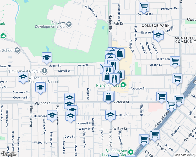 map of restaurants, bars, coffee shops, grocery stores, and more near 543 West Wilson Street in Costa Mesa