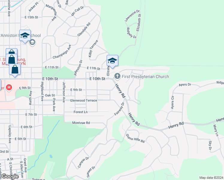 map of restaurants, bars, coffee shops, grocery stores, and more near Coleman Drive in Anniston