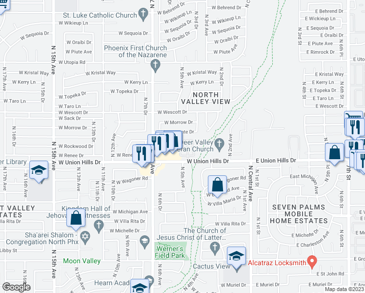 map of restaurants, bars, coffee shops, grocery stores, and more near 18625 North 5th Avenue in Phoenix