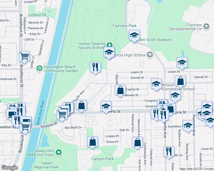 map of restaurants, bars, coffee shops, grocery stores, and more near 2250 Canyon Drive in Costa Mesa