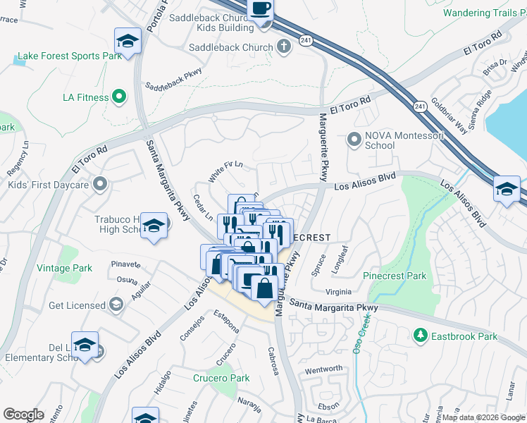 map of restaurants, bars, coffee shops, grocery stores, and more near in Mission Viejo