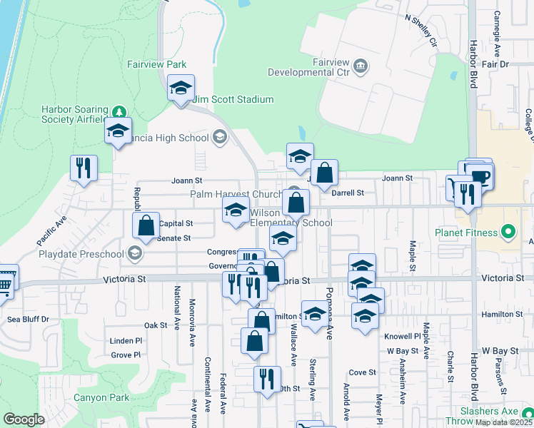 map of restaurants, bars, coffee shops, grocery stores, and more near 787 West Wilson Street in Costa Mesa