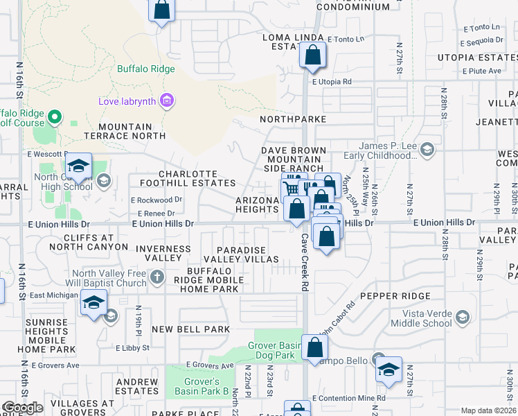 map of restaurants, bars, coffee shops, grocery stores, and more near Arizona Heights Circle in Phoenix