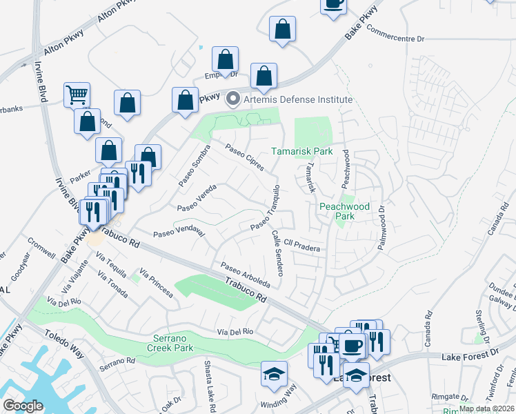 map of restaurants, bars, coffee shops, grocery stores, and more near 25062 Paseo Equestre in Lake Forest