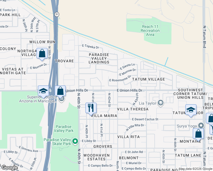 map of restaurants, bars, coffee shops, grocery stores, and more near 4207 East Renee Drive in Phoenix