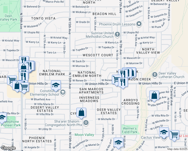 map of restaurants, bars, coffee shops, grocery stores, and more near 18622 North 13th Avenue in Phoenix