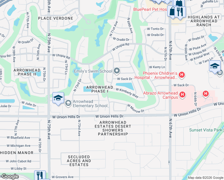 map of restaurants, bars, coffee shops, grocery stores, and more near 18844 North 71st Avenue in Glendale