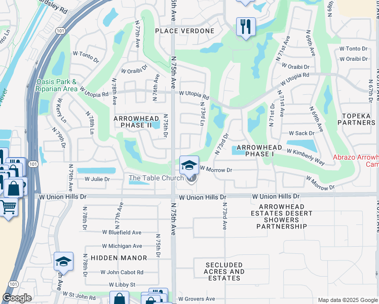 map of restaurants, bars, coffee shops, grocery stores, and more near 18991 North 74th Drive in Glendale