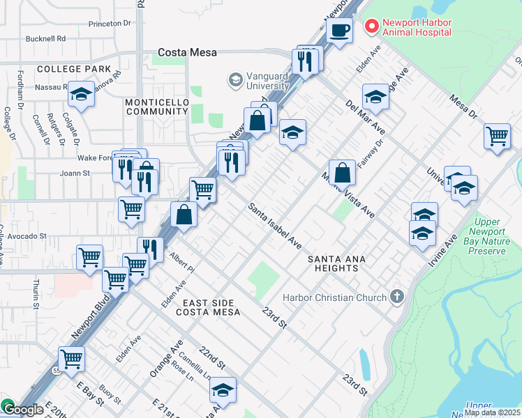 map of restaurants, bars, coffee shops, grocery stores, and more near 178 Santa Isabel Avenue in Costa Mesa