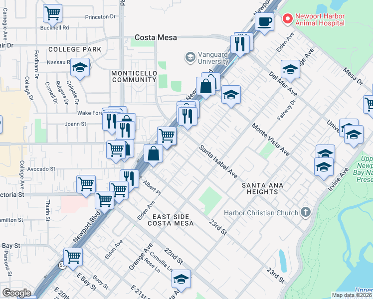 map of restaurants, bars, coffee shops, grocery stores, and more near 151 Georgeanne Place in Costa Mesa