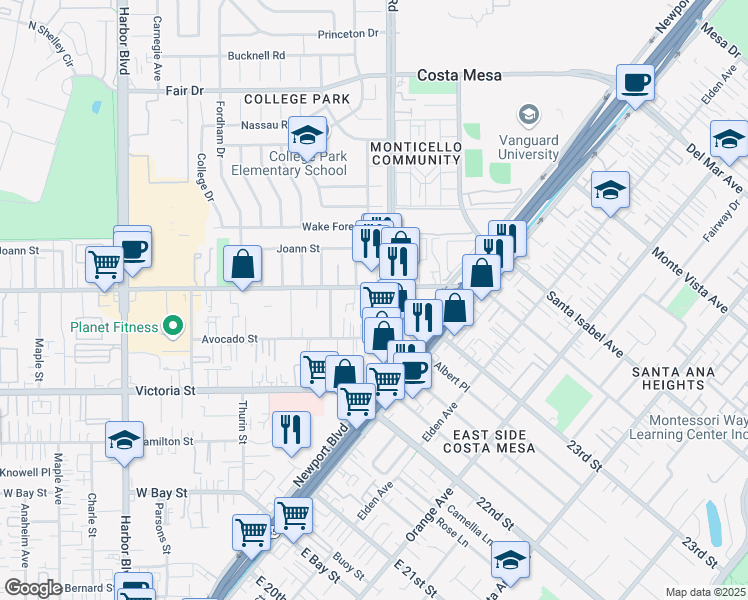 map of restaurants, bars, coffee shops, grocery stores, and more near 2233 Fairview Road in Costa Mesa